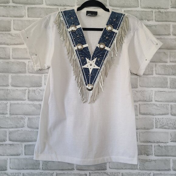 Vintage Tony Ward Rare Xperiance Western TShirt Sz S Fringe Conchos Leather Stud - Picture 10 of 10